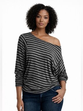 Red Haute Gray Black Striped Off Shoulder Top Long Sleeve Slouchy XS